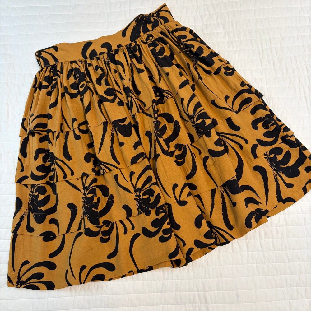 Anthropologie Sariah Mustard Black Abstract Tiered Ruffle Mini Skirt Womens 4